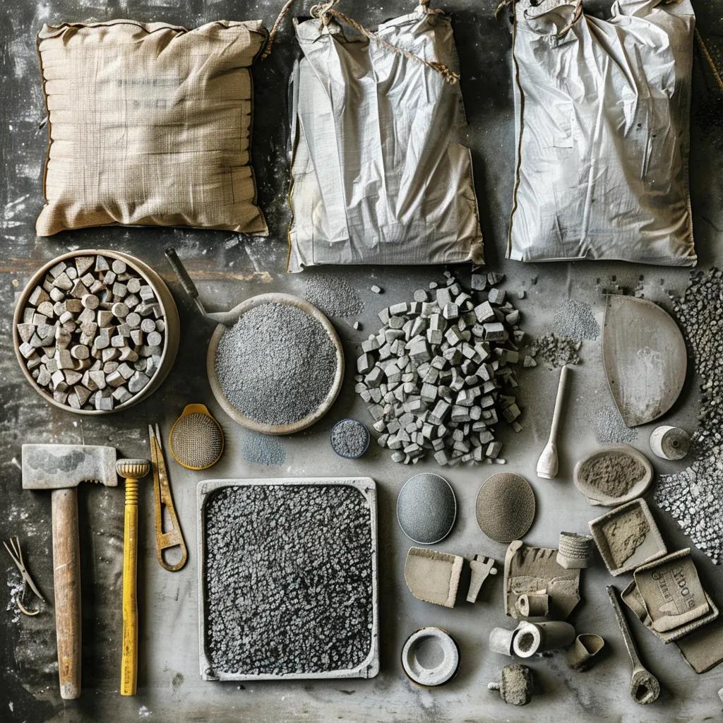 Variety of concrete materials and tools on a construction site, illustrating factors influencing pricing