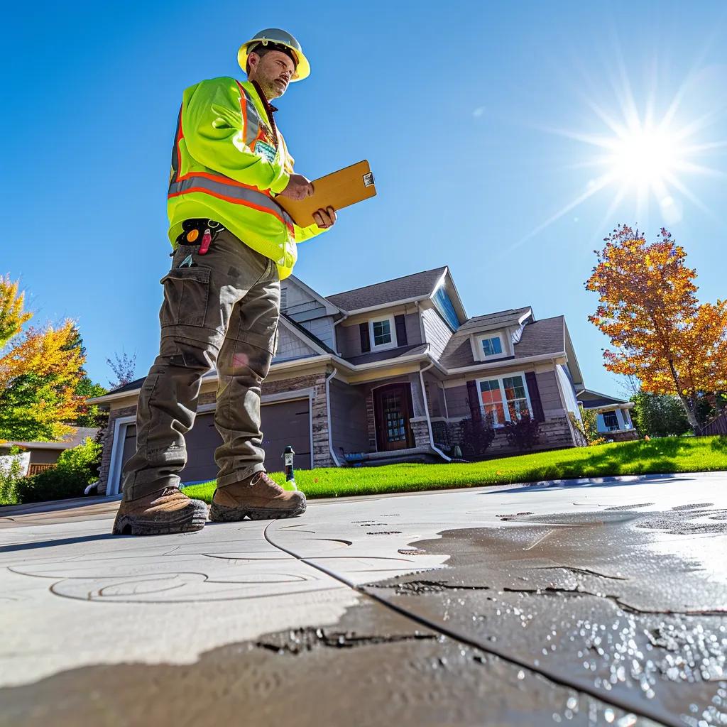 Professional concrete contractor inspecting a driveway in Duluth, MN, showcasing trust and expertise