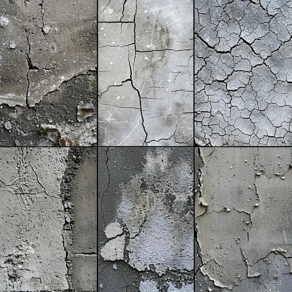 Close-up images of different types of concrete damage: cracks, sinking, and spalling