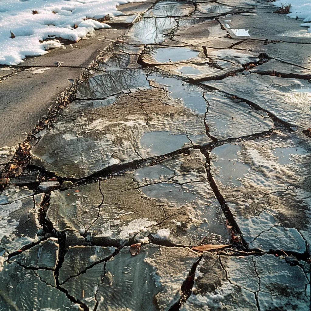 Concrete driveway in Duluth showing freeze-thaw damage with cracks and snow