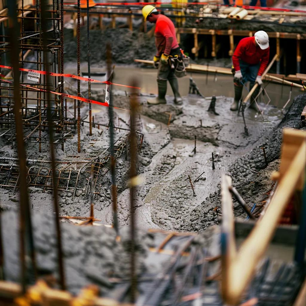 Construction site with concrete pouring, emphasizing safety standards and quality materials for durability
