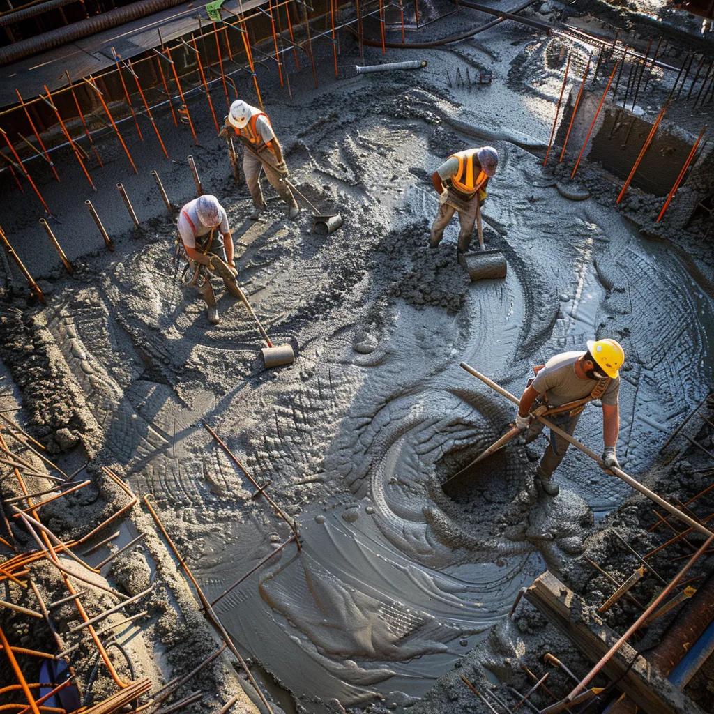 Concrete construction site in Duluth with workers pouring concrete and tools, illustrating concrete service pricing factors