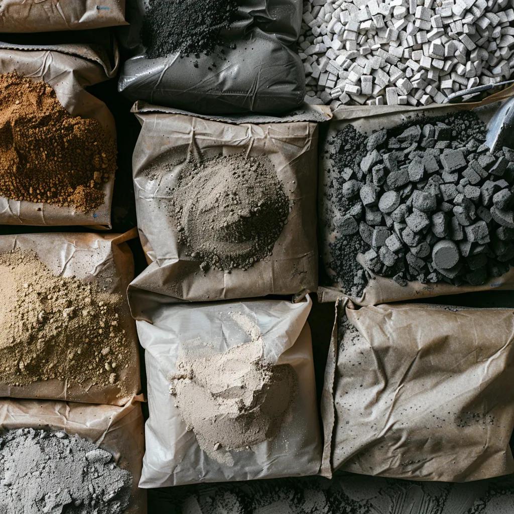 Display of various concrete mixes and materials on a construction site, highlighting the influence of material types on pricing