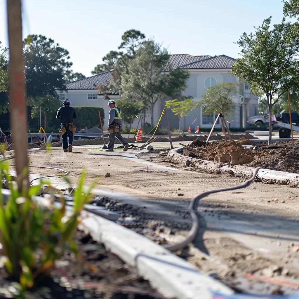 Crew measuring and preparing a large concrete driveway project, emphasizing project size and scope in cost determination
